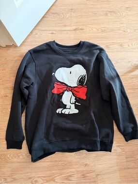Peanuts Black Crewneck Sweater with Snoopy and Red Bow - MEDIUM
